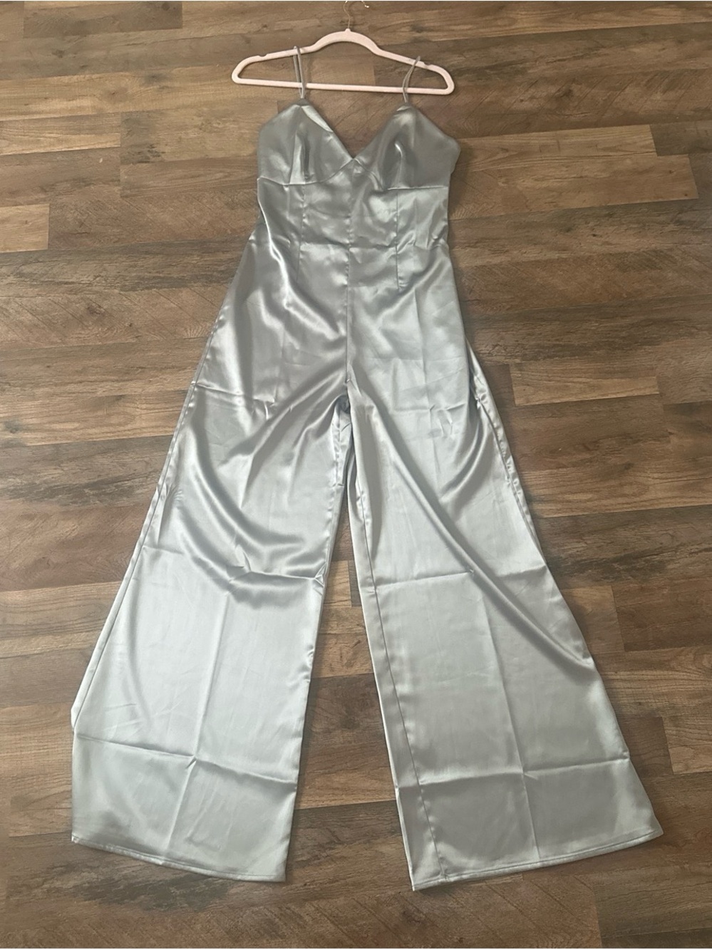 Satin V-Neck Wide-Leg Jumpsuit in sage green
